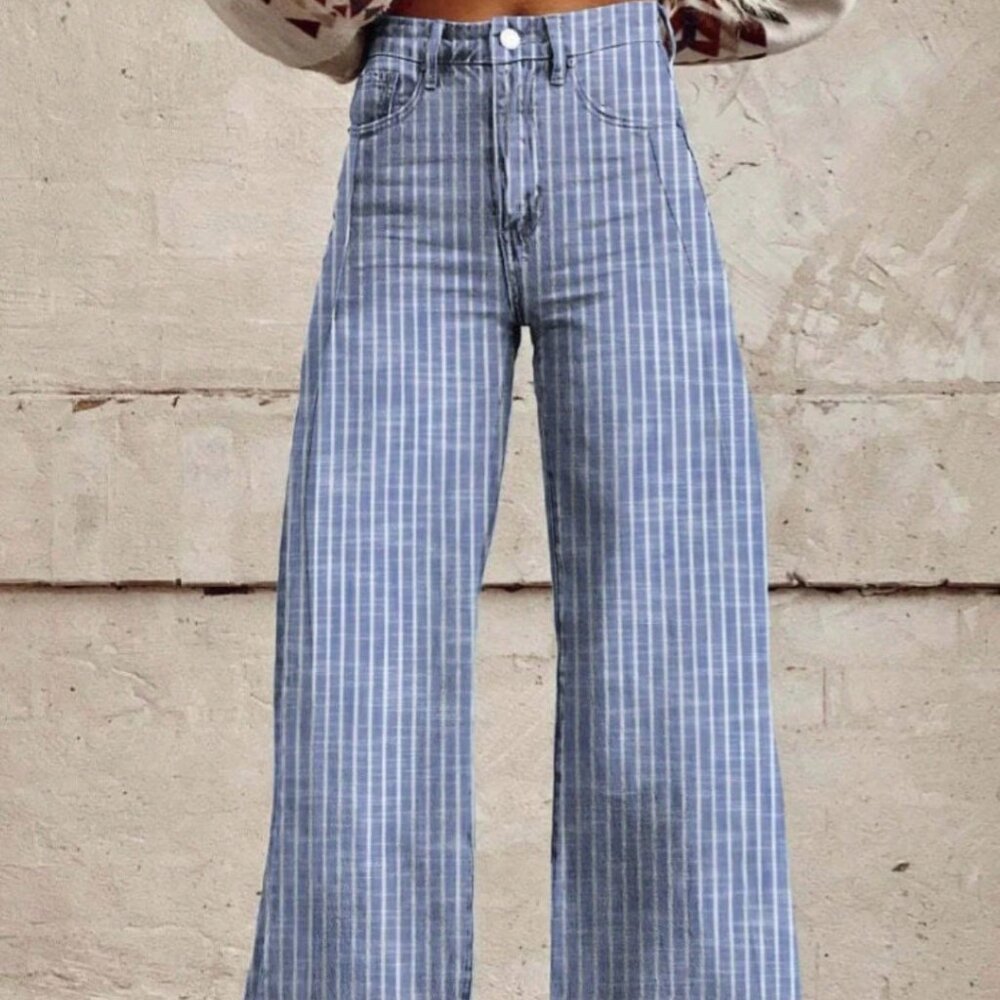 Blue Casual Women's Wide Striped Denim Pants
